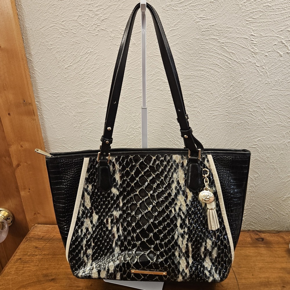 Brahmin Asher Medium Tote Bag Leather Croc Embossed Black Python Purse